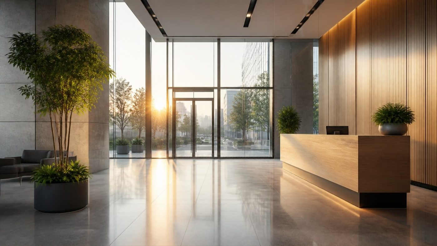 Modern office lobby at dawn with a polished floor and glass doors