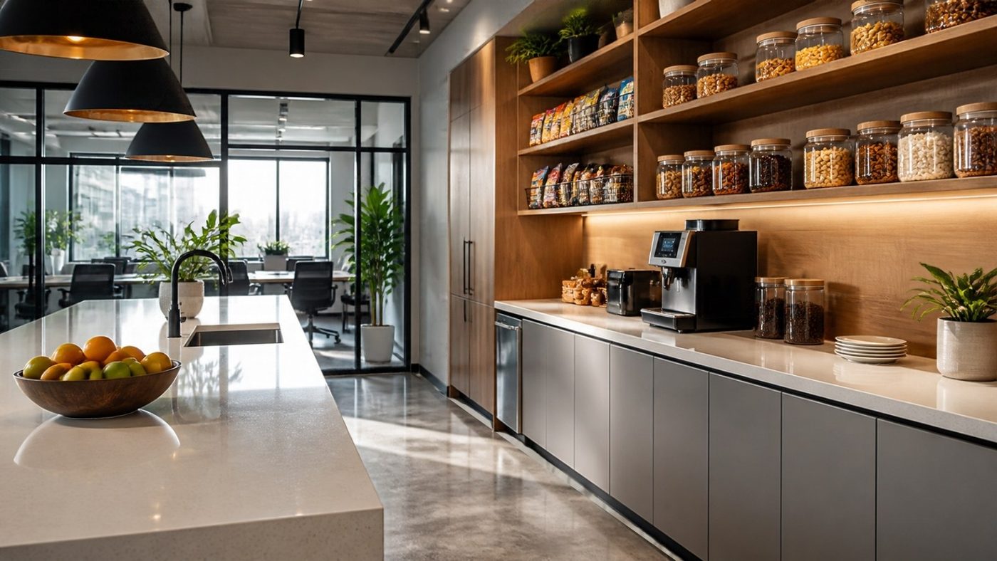 Office kitchen with stocked snack shelves and a coffee machine
